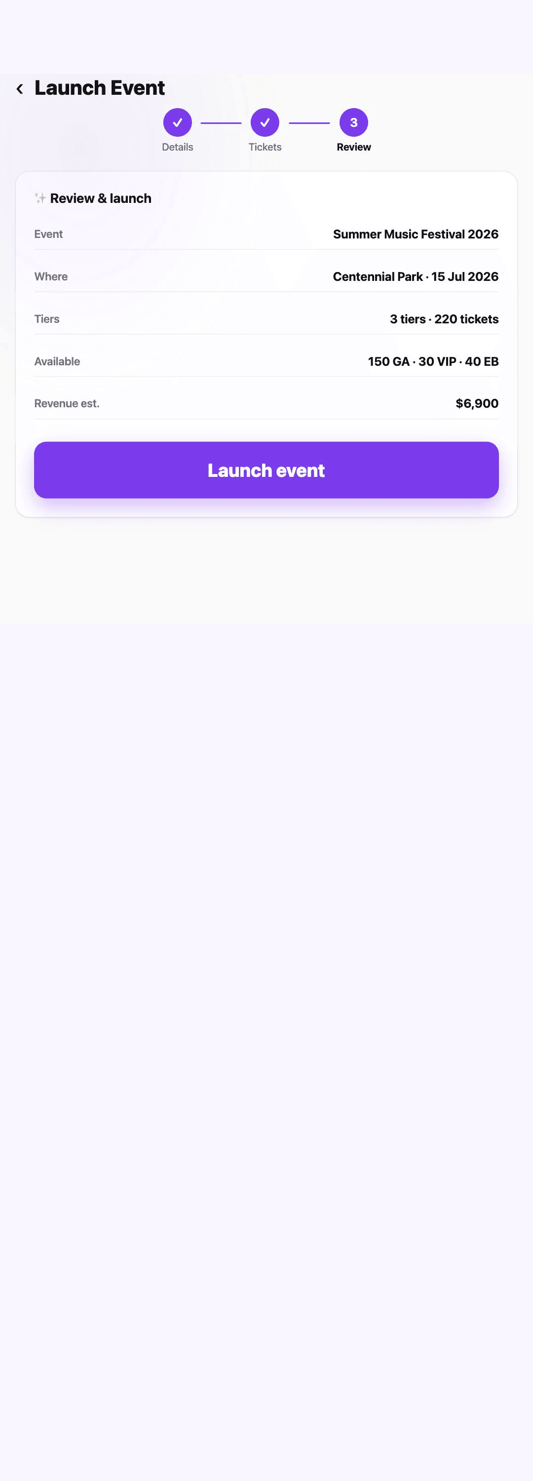 Tickify Launch organiser dashboard
